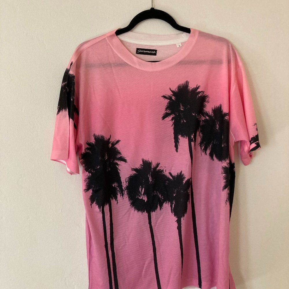 Men's Large pink cool palm tree with sunset shirt